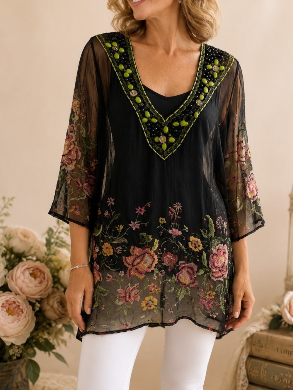 Paris Paris Black Sheer Floral Embroidered Tunic Beaded V-Neck Boho L